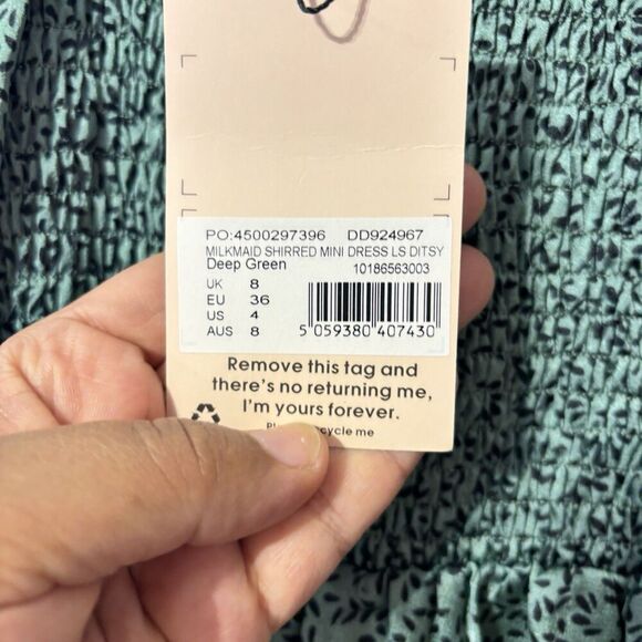 Misguided Smocked Babydoll Dress Size 4 Long Sleeve Green Black Casual NEW - Picture 6 of 10